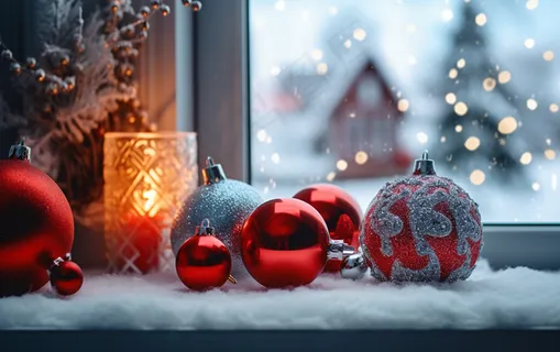 圣诞装饰喜庆礼物红色窗外下雪摄影图