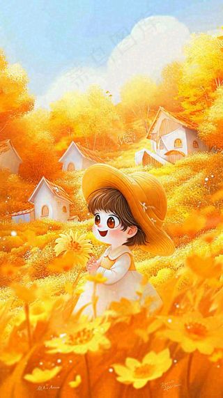 秋天温馨秋叶可爱少女插画，秋分小麦