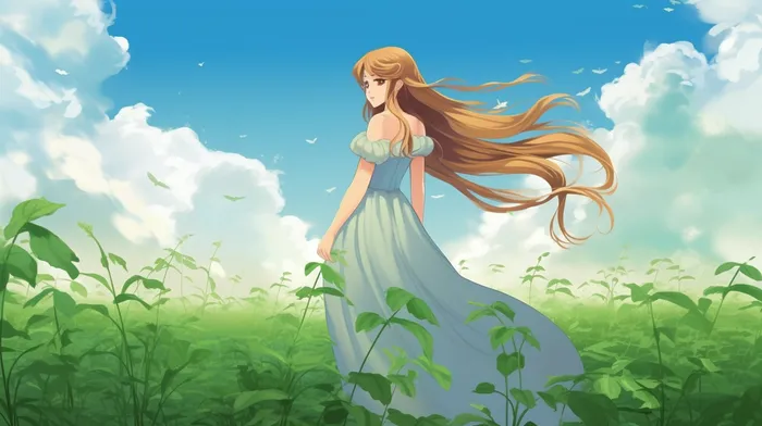 长发少女在草坪花丛蓝天白云卡通插画(x)