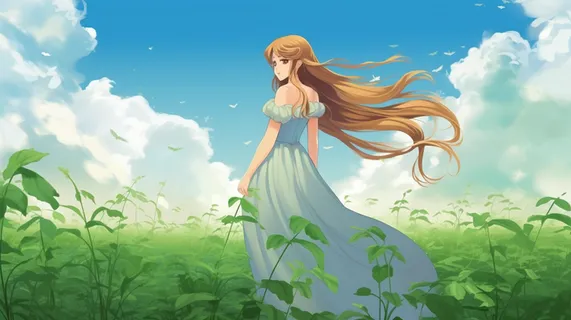 长发少女在草坪花丛蓝天白云卡通插画