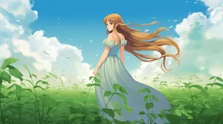 长发少女在草坪花丛蓝天白云卡通插画