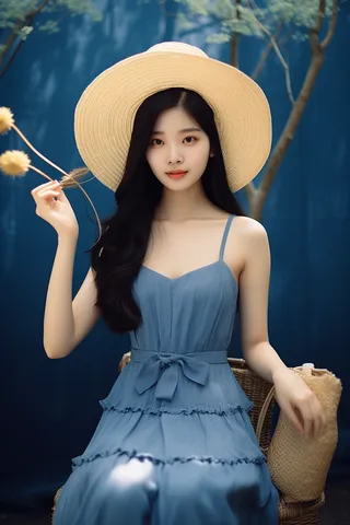 穿着蓝色吊带裙的女生戴着草帽在蓝色光影的背景里摄影图