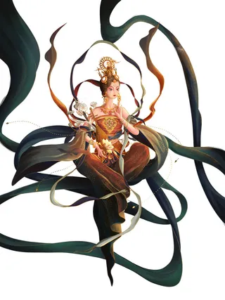 手绘国潮中国风古代敦煌神话飞天仙女美女古装人物插画PSD素材