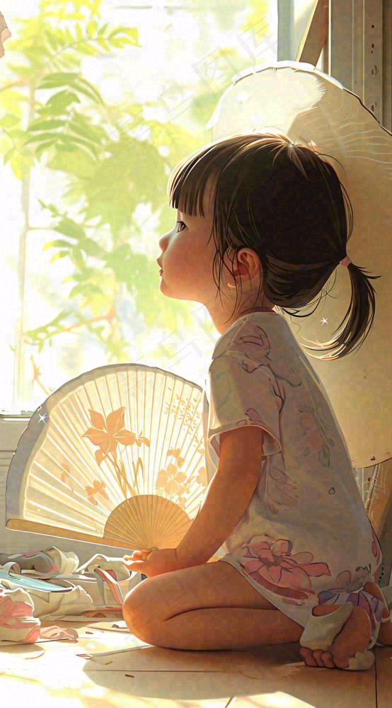 儿童在家吹风扇，夏天炎热清爽手绘插画，夏至小暑暑期(816x1472)