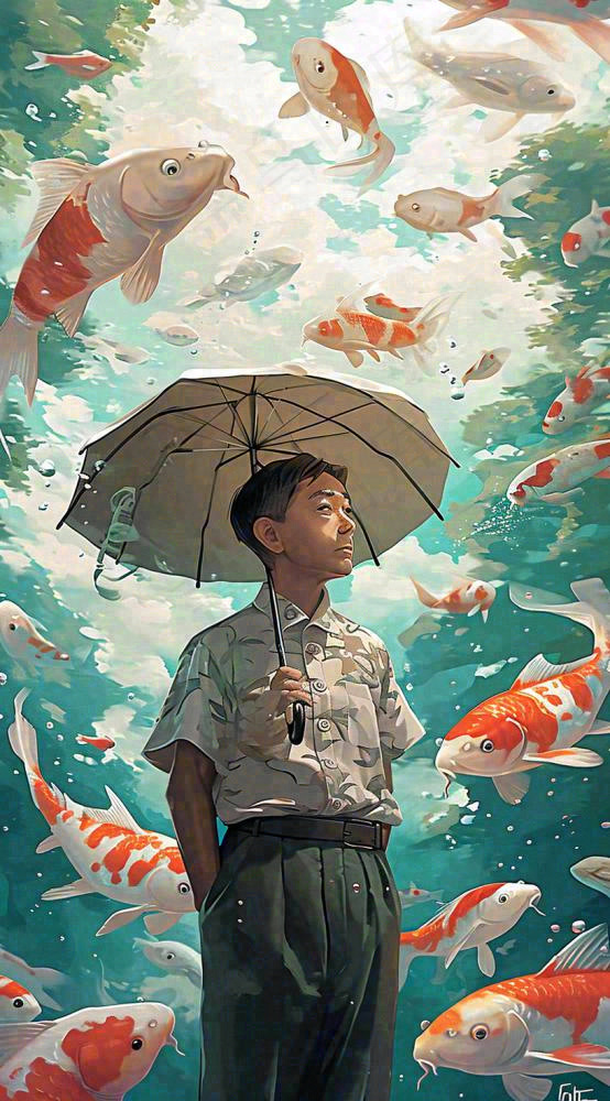 中国风金鱼喝水荷叶少年锦鲤手绘插画(816x1472)