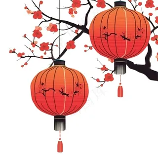 红灯笼挂梅花树梢插画免抠
