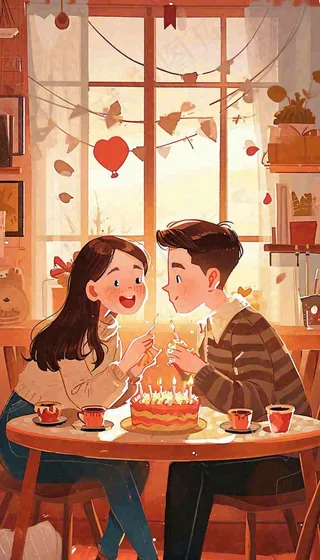 情人节情侣浪漫圣诞节日温馨生日会，插画手绘，居家餐厅美食