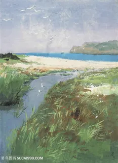 吴冠中手绘湖畔草丛美景装饰画