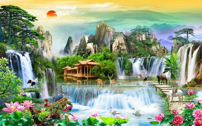 流水生财蓝天木房双马风景psd模版下载