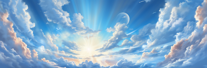 天空明媚的阳光从天空的云层中闪耀淡蓝色和白色(5664x1872)
