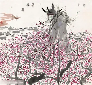 吴冠中手绘水墨斑点树装饰画