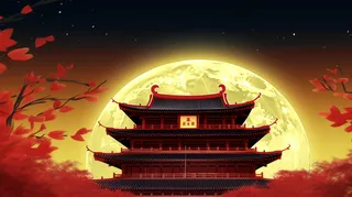 中秋月圆古建筑插画素材