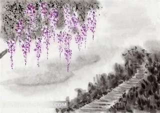 乡间小路和树木水墨画