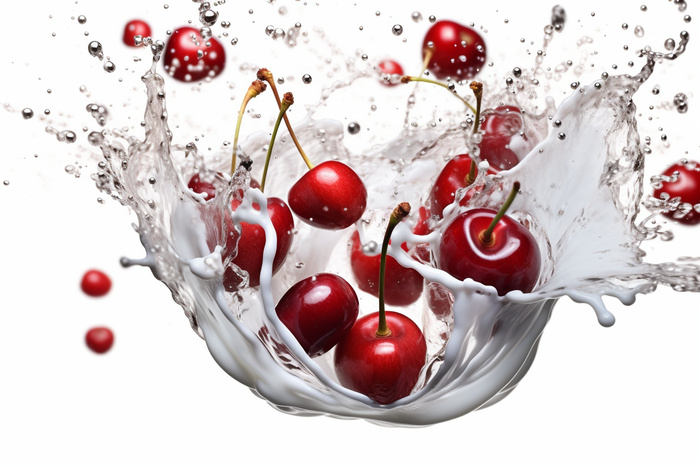 水果牛奶碰撞融合车厘子液体撞击迸射瞬间摄影图