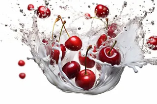 水果牛奶碰撞融合车厘子液体撞击迸射瞬间摄影图