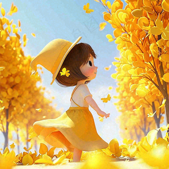 秋天秋叶飘落黄衣少女在欣赏美景，秋分(1024x1024)