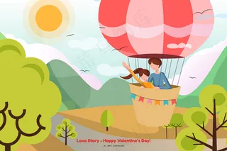 七夕男生女生男孩女孩情侣亲密爱情治愈唯美风格热气球太阳晴天旅行野外