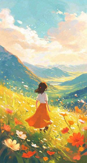 春日浪漫山脉鲜花草坪里的女孩，油画手绘插画，春分
