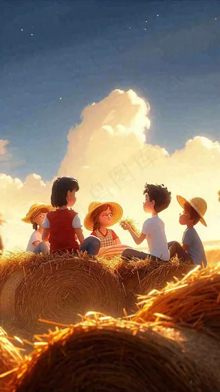 小麦田里秋天人物收割卡通，秋分白露