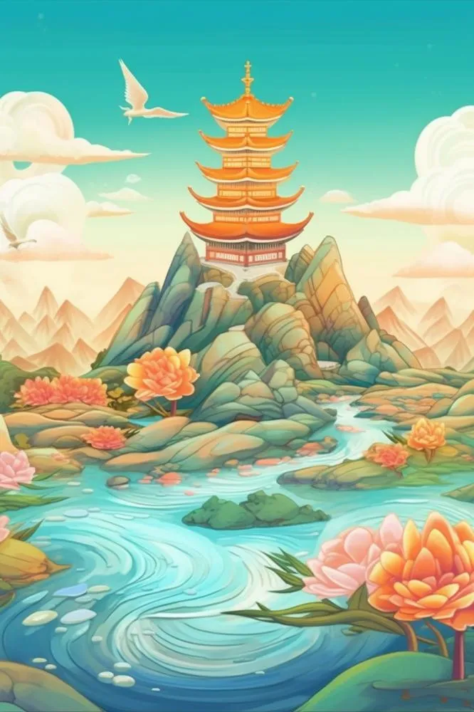 国风仙鹤黄蓝绿背景(896x1344)
