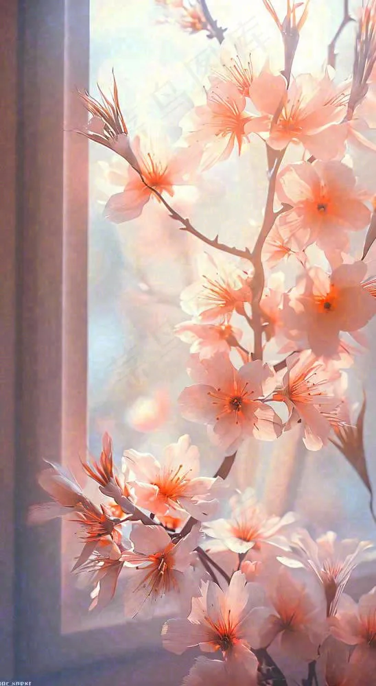 春天窗台粉色渐变鲜花，枝叶，春节立春(816x1488)