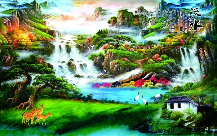 流水生财国画影壁画墙画psd模版下载