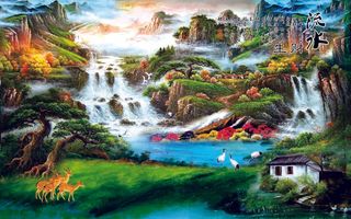 流水生财国画影壁画墙画