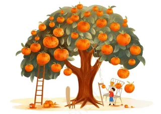 秋季爬梯摘水果的女孩橘子插画免抠