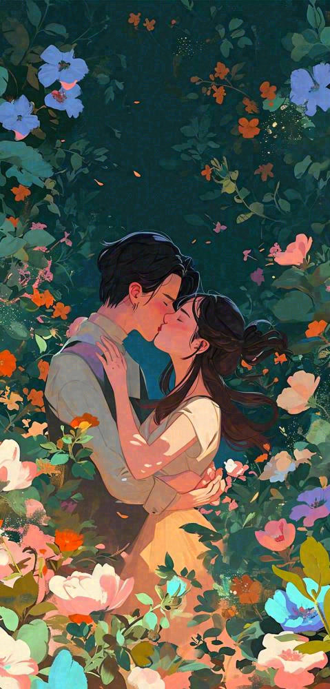 森林花丛里情侣拥抱亲吻爱情手绘插画，情人节(752x1568)