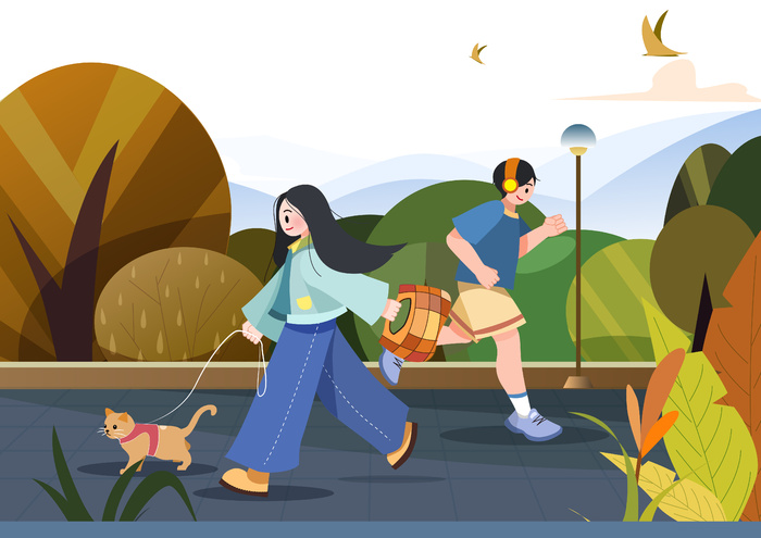 男生女生饭后公园散步遛猫跑步扁平矢量插画