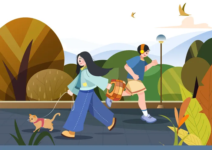 男生女生饭后公园散步遛猫跑步扁平矢量插画