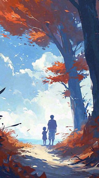 秋天红色秋叶树落叶温馨自然风景，立秋手绘插画