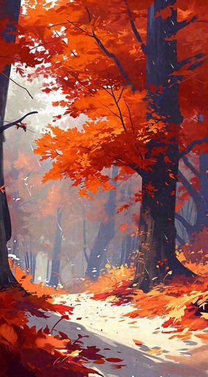 秋天红色秋叶树落叶温馨自然风景，立秋手绘插画