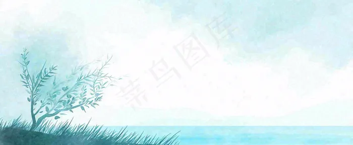 夏天海面清新绿植简约插画，夏至春分谷雨(1712x704)