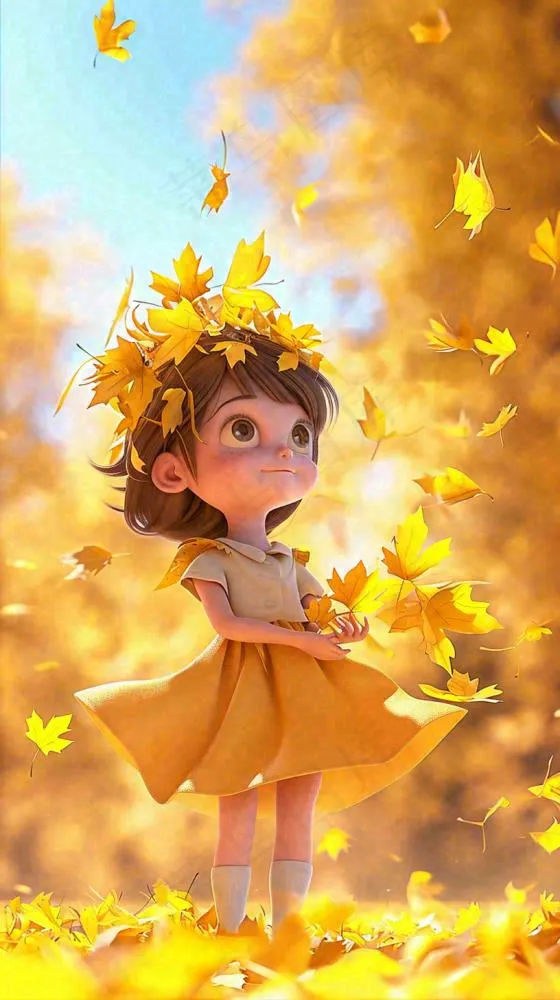 秋天女孩落叶秋叶上玩耍，儿童少女，秋分(816x1456)