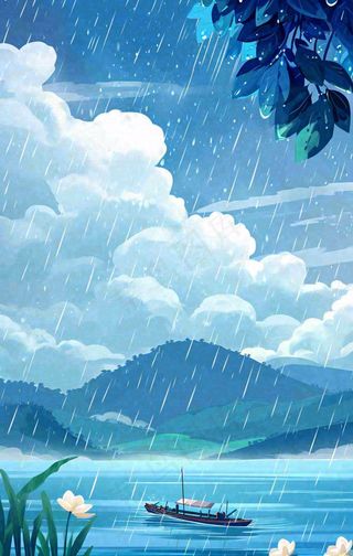 春天雨天湖面山脉小船植物花朵，雨水谷雨