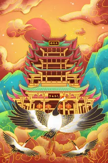中国风国潮古建筑地标城市古风建筑阁楼印象地标手绘插画PSD素材 中国风国潮古建筑地标城市古风建筑阁楼印象地标手绘插画PSD素材