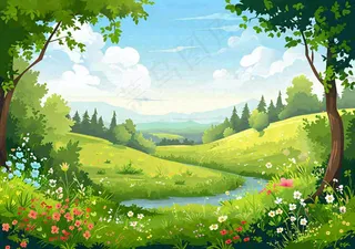 春日旅行草坪草丛花朵河流小溪野外郊游插画，春分