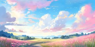 春天蓝天白云草原绿色树草地手绘插画海报素材背景