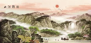 流水生财风景字画高清分辨率喷绘打印办公室挂画素材山水花草