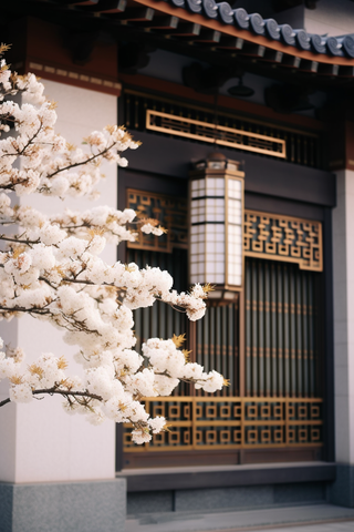 新中式房屋的门口的樱花摄影图