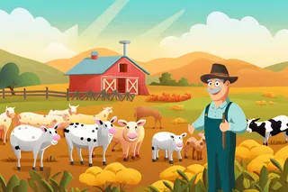 卡通插画农夫的牧场里的牛羊