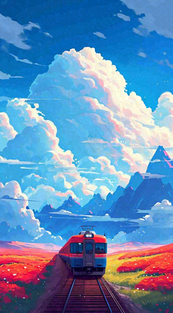 蓝天白云交通高铁铁路火车，草坪鲜花彩色插画(816x1472)