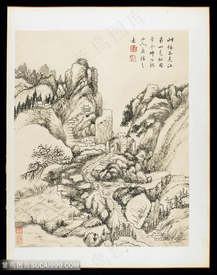 清代画家王宸山水册页山梯溪谷国画图片