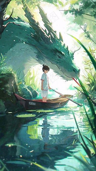 古风河面龙传统手绘插画，中国风漫画