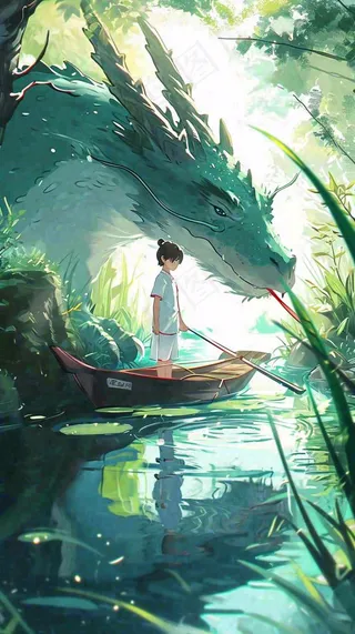 古风河面龙传统手绘插画，中国风漫画