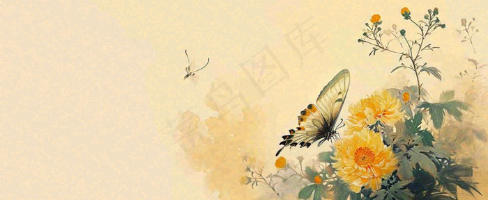 温馨纹理橙色花朵鲜花蝴蝶意境唯美，中国风(1712x704)