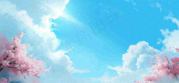 春天蓝色的天空和粉红色的书梦幻场景(1616x752)