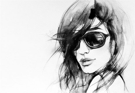 戴墨镜的女子水墨画高清图片