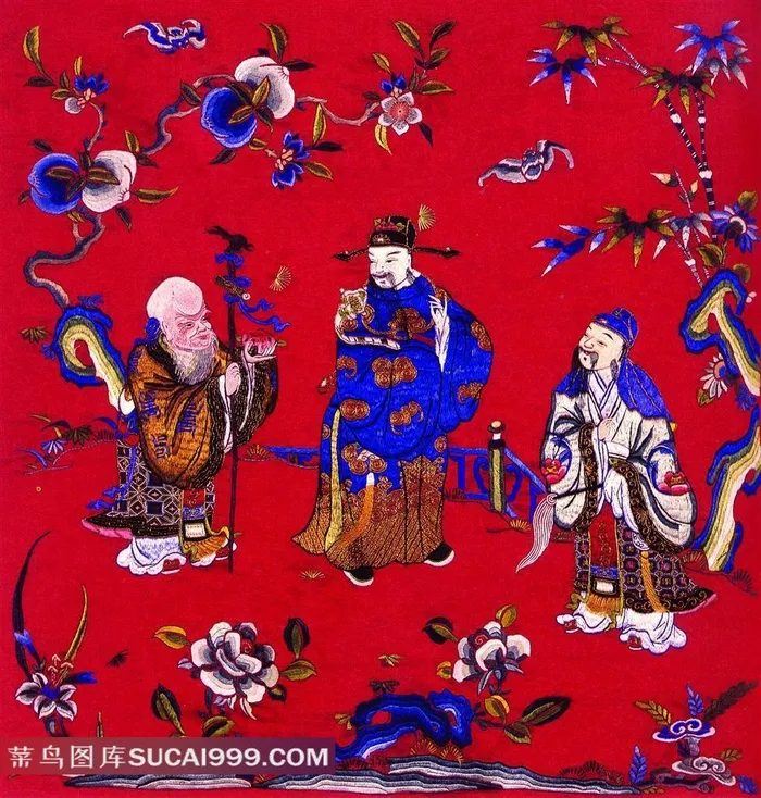 古典人物寿桃刺绣